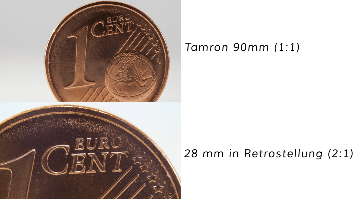 Vergleich zwischen einem Makroobjektiv (Tamron 90 mm), mit dem man einen Abbildungsmaßstab von 1:1 erreicht und einem Weitwinkelobjektiv, das mit einem Retroadapter in Retrostellung an die Kamera angebracht wurde. Noch näher ans Motiv kommt man bspw., in dem man zusätzlich zum Retroadapter noch Zwischenringe oder Nahlinsen verwendet. Oder man nutzt ein Objektiv mit noch kleinerer Brennweite (z.B. 18 mm).